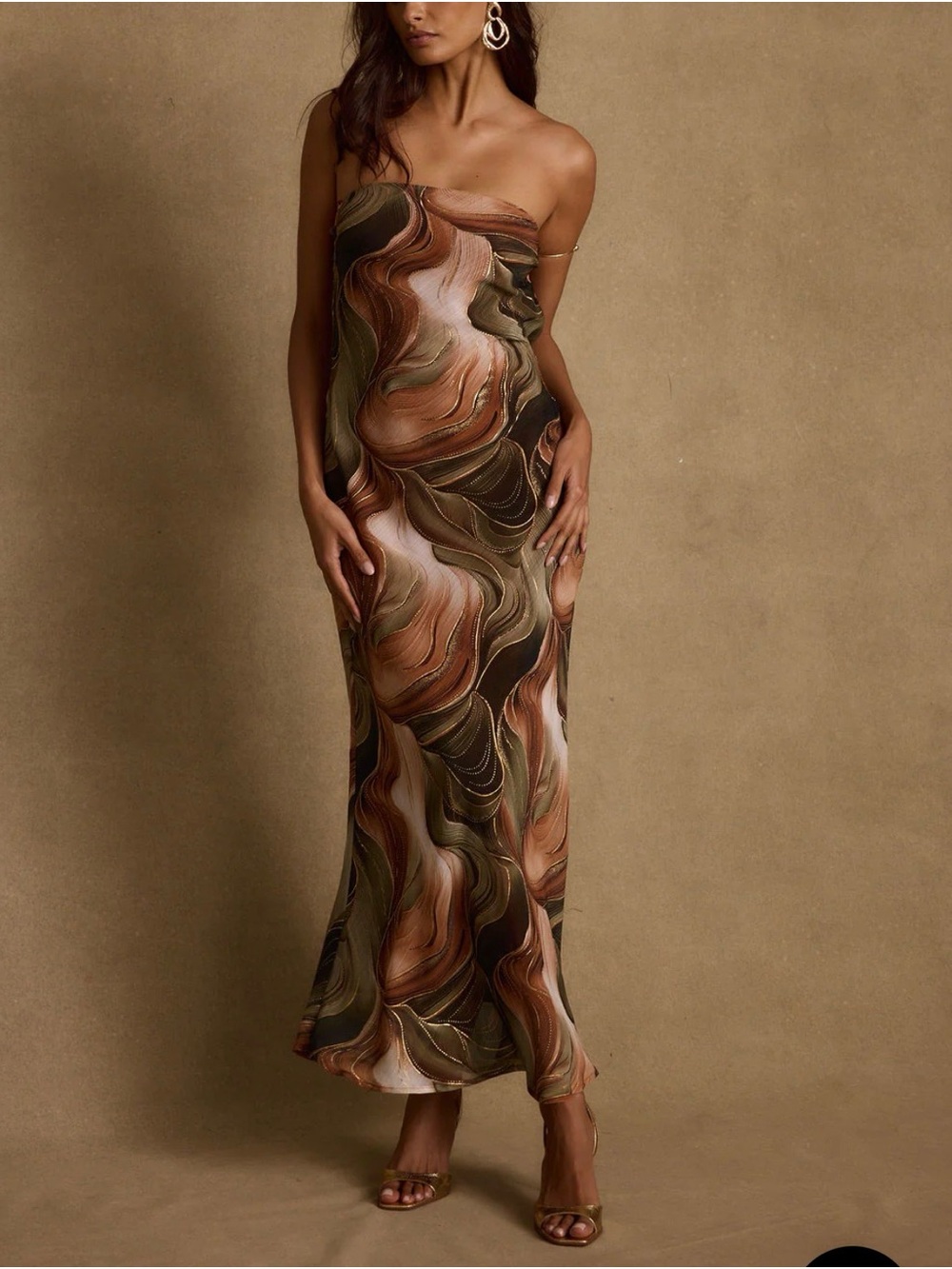 12th Tribe Natalia Olive and Rust Abstract Strapless Maxi Dress